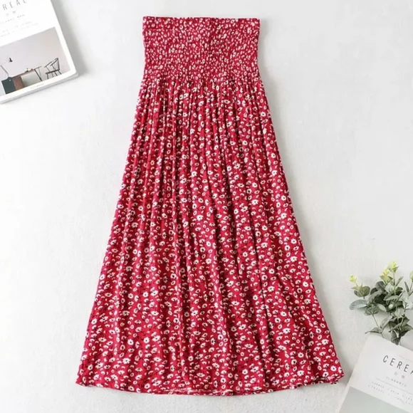×2 Red Floral Cotton Midi Skirt and Flutter Sleeve Top Set - Picture 7 of 13